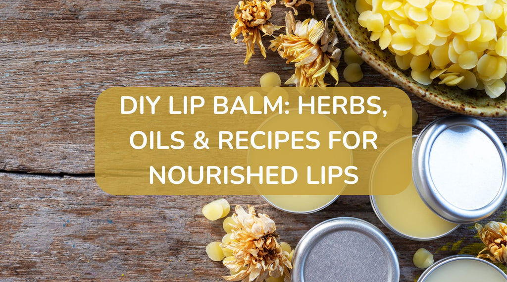 tins of natural lip balm and beeswax pellets on a wooden surface
