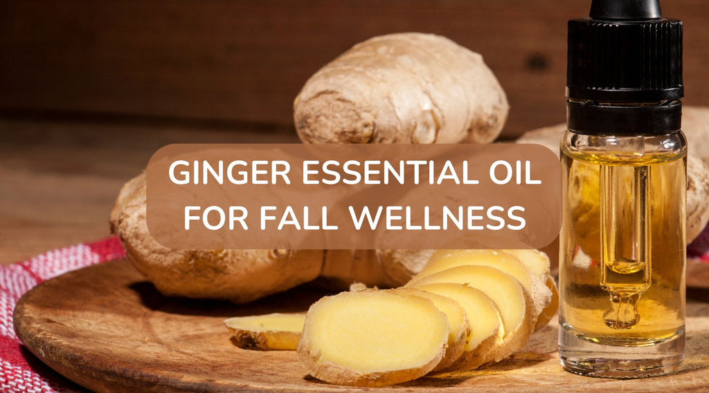sliced ginger next to a bottle of ginger essential oil